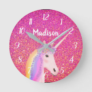 Reloj Redondo Mediano Niños personalizados por Purpurina de unicornio ro