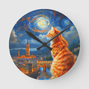 Reloj Redondo Mediano Noche estrellada sobre Florencia   Arte de gato pe