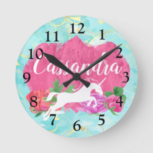 Reloj Redondo Mediano Nombre azul de los chicas del rosa del unicornio