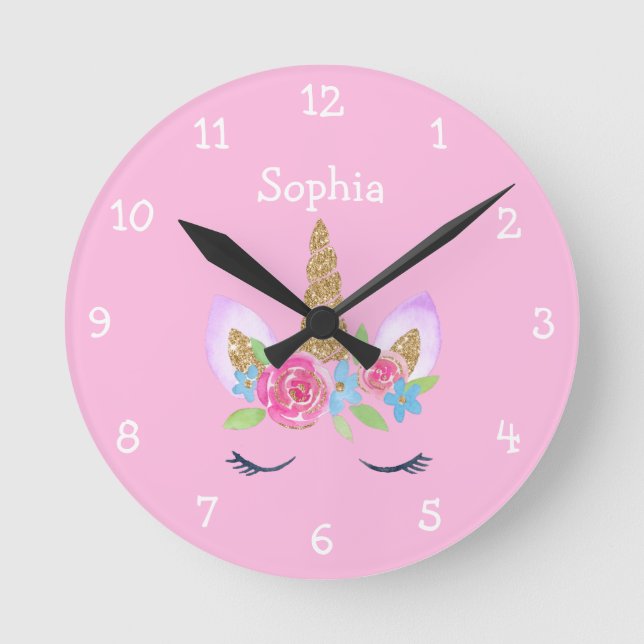 Reloj Redondo Mediano Nombre de Chica personalizado de unicornio de Purp (Anverso)