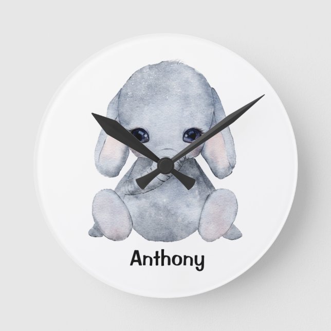 Reloj Redondo Mediano Nombre de elefante personalizado acuarela moderna (Anverso)