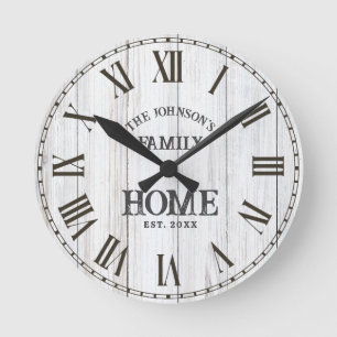 Reloj Redondo Mediano Nombre de Familia en Madera Blanca Rústica