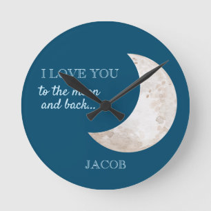 Reloj Redondo Mediano Nombre de guardería azul marino estrellas luna bla
