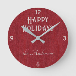 Reloj Redondo Mediano Nombre de Happy Holidays Red Denim Print 8-in