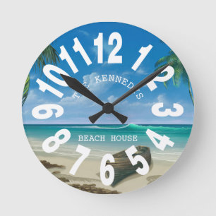 Reloj Redondo Mediano Nombre de la familia Coastal Beach House Gran núm