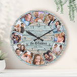 Reloj Redondo Mediano Nombre de la familia Collage de fotos natural de m<br><div class="desc">Cree fácilmente su propio reloj de pared estilo casa-lago de tablas de marisco rústico azul personalizado con sus fotos personalizados,  nombre familiar y año establecido. Para obtener los mejores resultados,  recortar las imágenes a cuadrado - con el punto de enfoque en el centro - antes de subir.</div>
