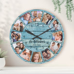 Reloj Redondo Mediano Nombre de la familia Collage de fotos natural de m<br><div class="desc">Cree fácilmente su propio reloj de pared estilo casa-lago de tablas de marisco rústico azul personalizado con sus fotos personalizados,  nombre familiar y año establecido. Para obtener los mejores resultados,  recortar las imágenes a cuadrado - con el punto de enfoque en el centro - antes de subir.</div>