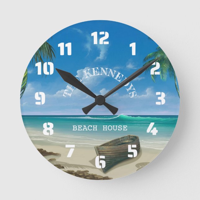 Reloj Redondo Mediano Nombre de la familia de la casa costera tropical d (Anverso)