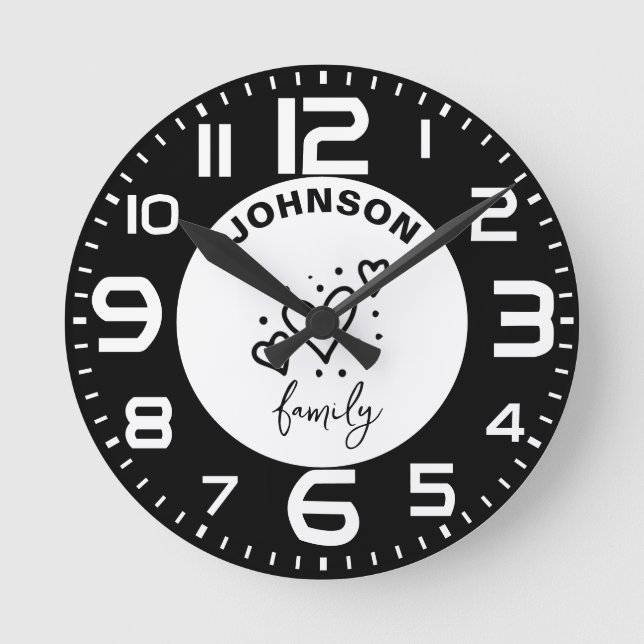 Reloj Redondo Mediano Nombre de la familia del corazón blanco negro (Anverso)