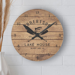Reloj Redondo Mediano Nombre de la familia Rustic Wood Lake House