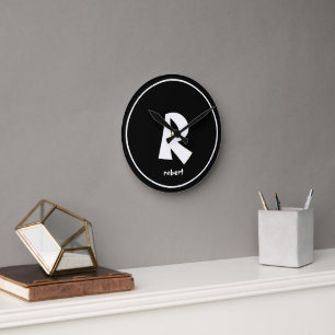 Reloj Redondo Mediano Nombre de Monogam inicial blanco y negro personali