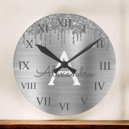 Reloj Redondo Mediano Nombre de monograma Metalizado cepillado por Purpu