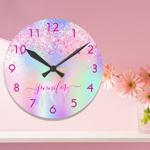 Reloj Redondo Mediano Nombre de monograma rosa morado de unicornio purpu