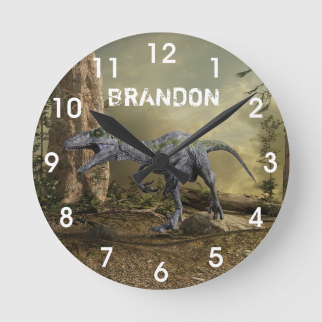 Reloj Redondo Mediano Nombre de Raptor Jurásico de Dinosaurio de Velocir (Anverso)
