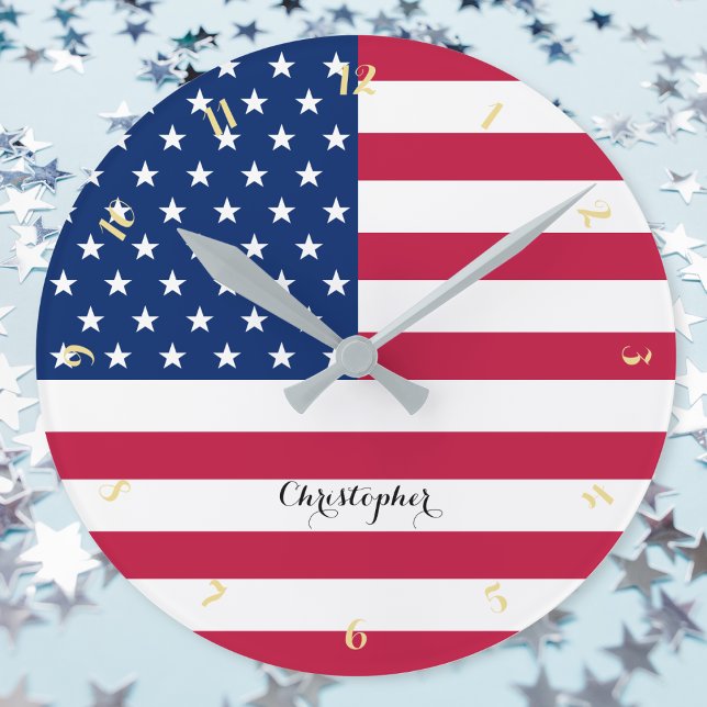 Reloj Redondo Mediano Nombre del decorador patriótico del Ministerio del (USA America Flag Patriotic Home Office Decor Name Round Clock)