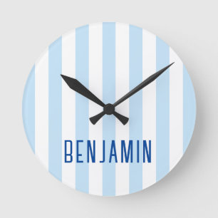 Reloj Redondo Mediano Nombre Moderno de Raya Azul Claro y Blanco