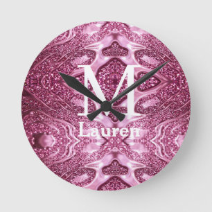 Reloj Redondo Mediano nombre monograma abstracto metálico rosa brillante
