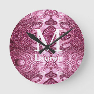 Reloj Redondo Mediano nombre monograma abstracto metálico rosa brillante