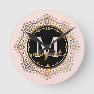 Reloj Redondo Mediano Nombre Monogramado   Boho Mandala Rosa Oro Rosado
