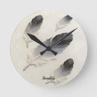 Reloj Redondo Mediano Nombre personalizado 3D negro grisáceo pluma moder