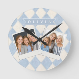 Reloj Redondo Mediano Nombre Personalizado Argyle Suave Azul Claro Difus