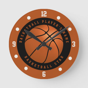 Reloj Redondo Mediano Nombre personalizado Baloncesto Negro y Naranja