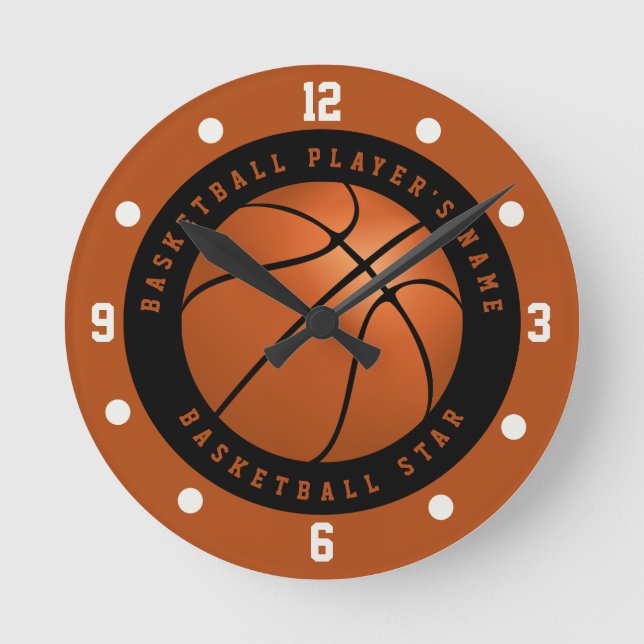 Reloj Redondo Mediano Nombre personalizado Baloncesto Negro y Naranja (Anverso)