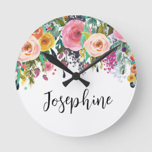 Reloj Redondo Mediano Nombre personalizado Boho Floral Dormitorio Nurser