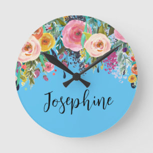 Reloj Redondo Mediano Nombre personalizado Boho Floral Dormitorio Nurser