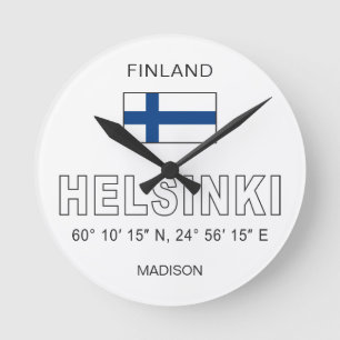 Reloj Redondo Mediano Nombre personalizado Coordenadas de Helsinki