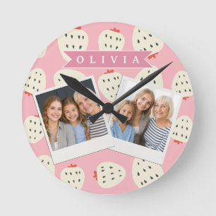 Reloj Redondo Mediano Nombre Personalizado de Fresa Rosa Lindo para Chic