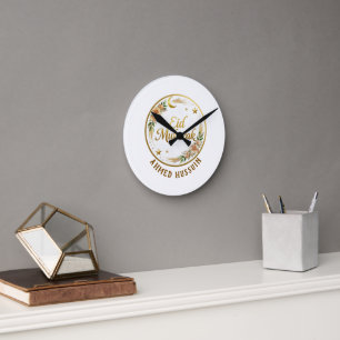 Reloj Redondo Mediano Nombre Personalizado Eid Mubarak Floral Luna Dorad