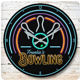 Reloj Redondo Mediano NOMBRE personalizado Faux Neon Bowling Ball Pins