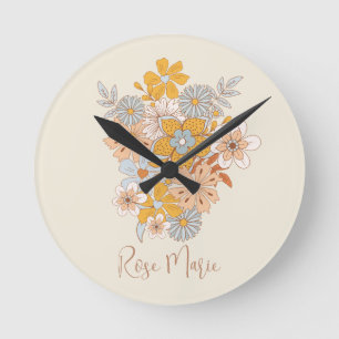 Reloj Redondo Mediano Nombre personalizado Floral Boho Nursery