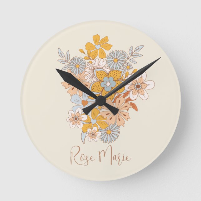 Reloj Redondo Mediano Nombre personalizado Floral Boho Nursery (Anverso)