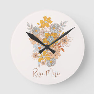 Reloj Redondo Mediano Nombre personalizado Floral Boho Nursery