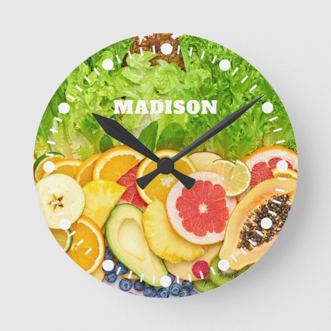 Reloj Redondo Mediano Nombre personalizado Frutas tropicales (Anverso)