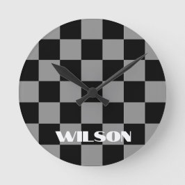 Reloj Redondo Mediano nombre personalizado gris y negro a cuadros