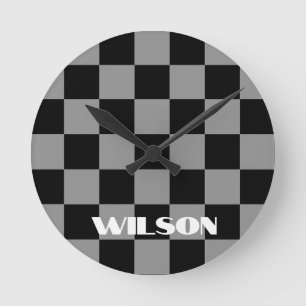 Reloj Redondo Mediano nombre personalizado gris y negro a cuadros
