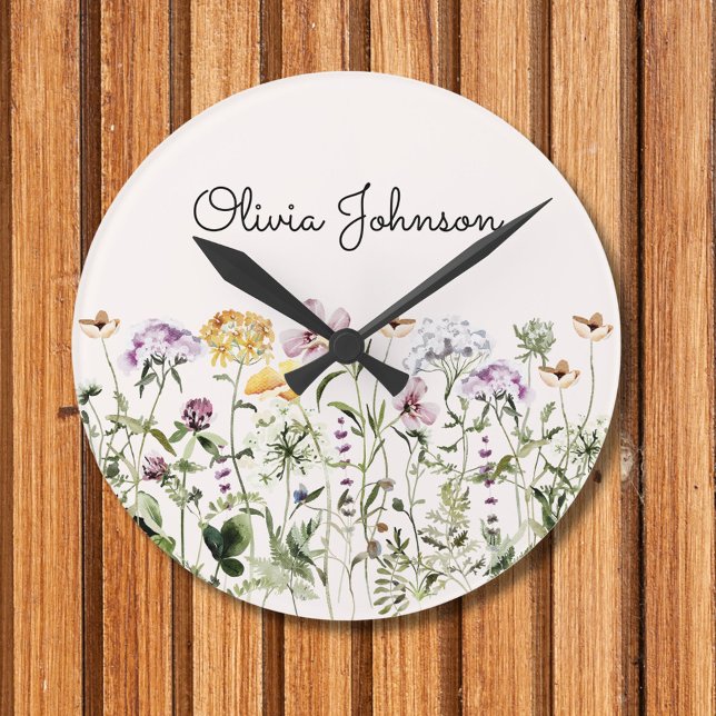 Reloj Redondo Mediano Nombre personalizado Jardín de flores silvestres (In situ wall)