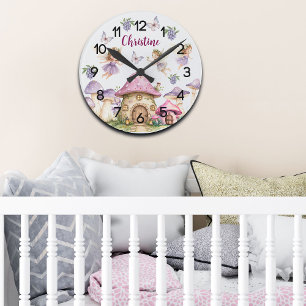 Reloj Redondo Mediano Nombre personalizado Magic Fairies Pink Mushrooms