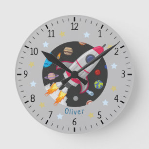 Reloj Redondo Mediano Nombre personalizado Niños del cohete del espacio 