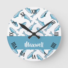 Reloj Redondo Mediano Nombre personalizado pez azul en blanco