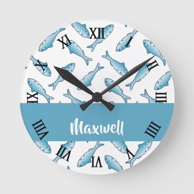 Reloj Redondo Mediano Nombre personalizado pez azul en blanco (Anverso)