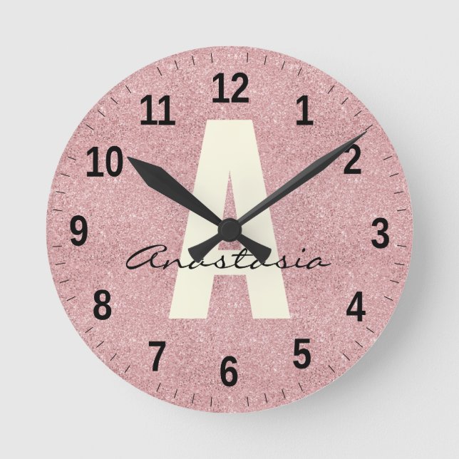 Reloj Redondo Mediano Nombre personalizado Purpurina rosado rosegold (Anverso)