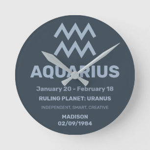 Reloj Redondo Mediano Nombre personalizado / Texto Zodiac Rótulo Acuario