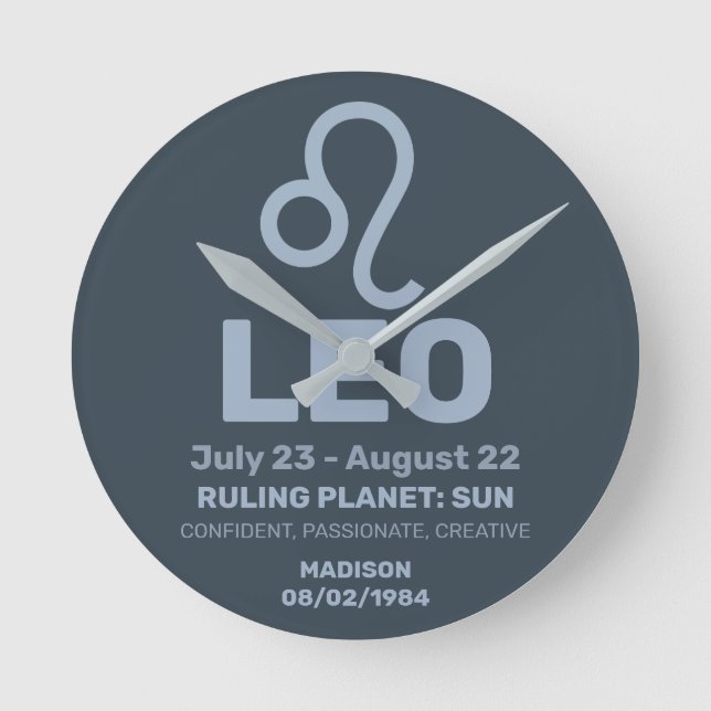 Reloj Redondo Mediano Nombre personalizado / Texto Zodiac Rótulo Leo (Anverso)