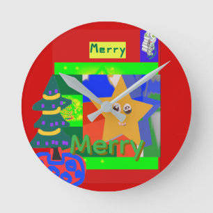 Reloj Redondo Mediano Nombre verde alegre en Navidad roja