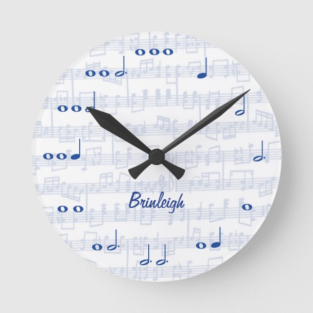 Reloj Redondo Mediano Notas de la música azul y blanca (Anverso)