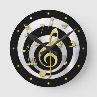 Reloj Redondo Mediano Notas Musicales Retro 3D Effect Gold y Silver